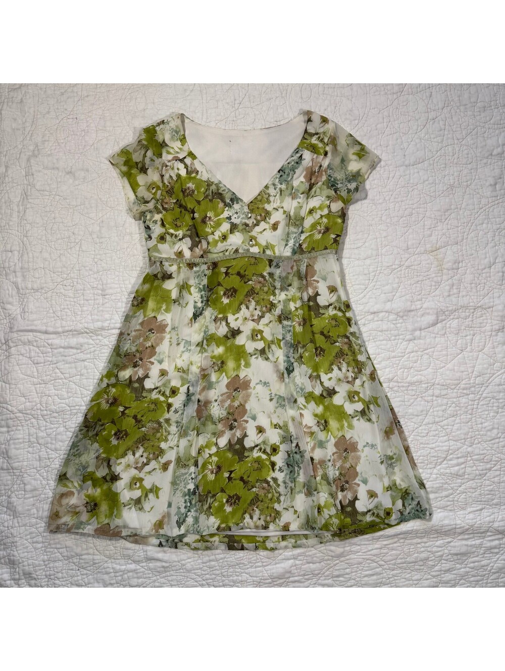 Vintage Coquette Fairy White and Green Floral Babydoll Midi Dress Size small